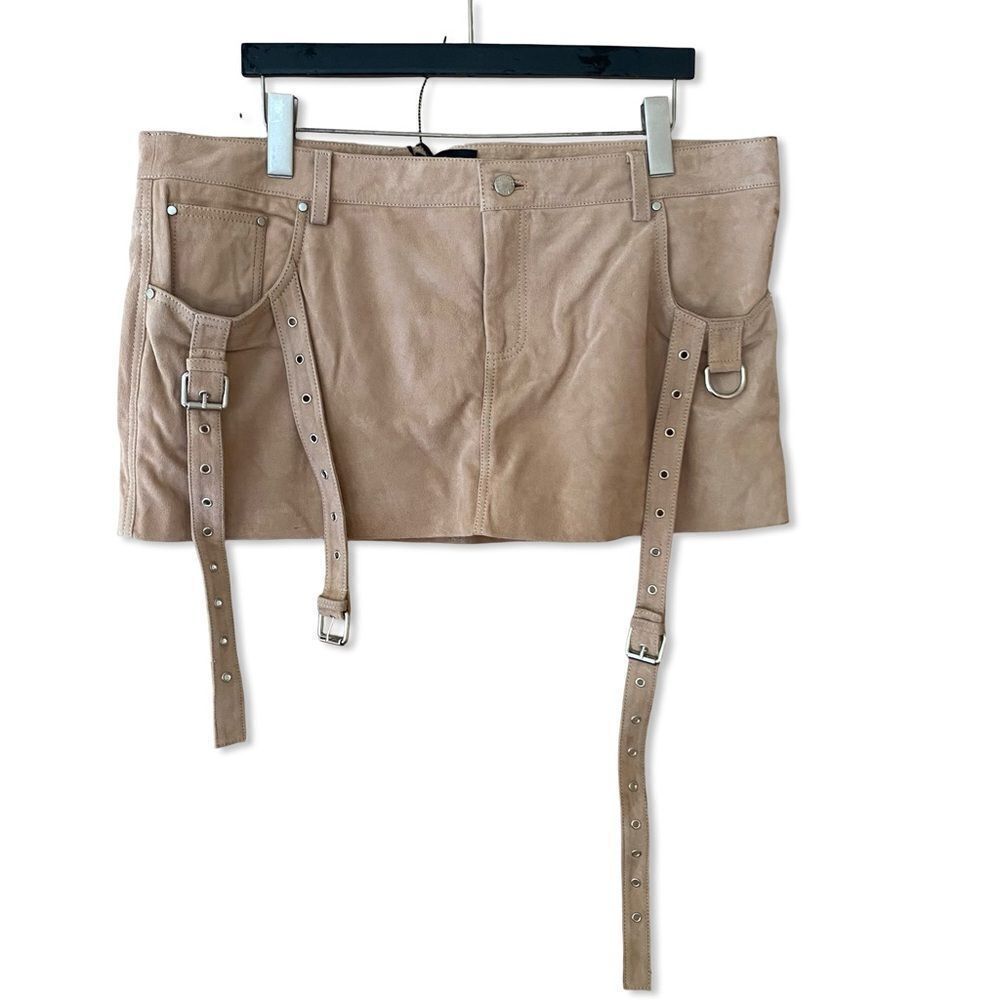 Retrofete VERNA suede LEATHER SKIRT Tan Mini buckles low rise NWT XL - Picture 8 of 15